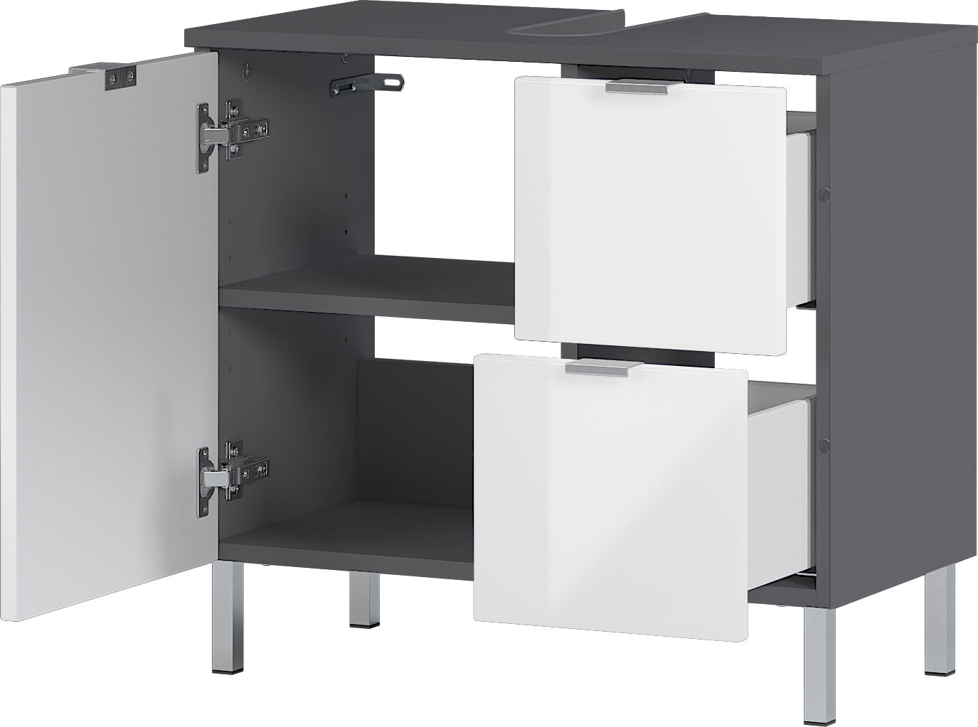Unterschrank mit zwei weißen Schubladen und einer offenen Tür, graue Seitenwände, Ansicht von vorne.