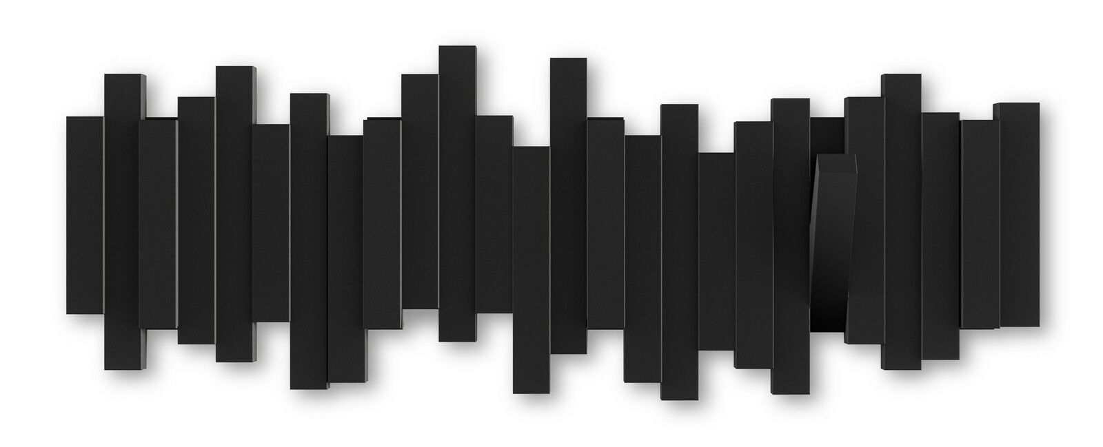 Moderne Wandgarderobe in Schwarz mit geometrischem Design, frontal betrachtet.