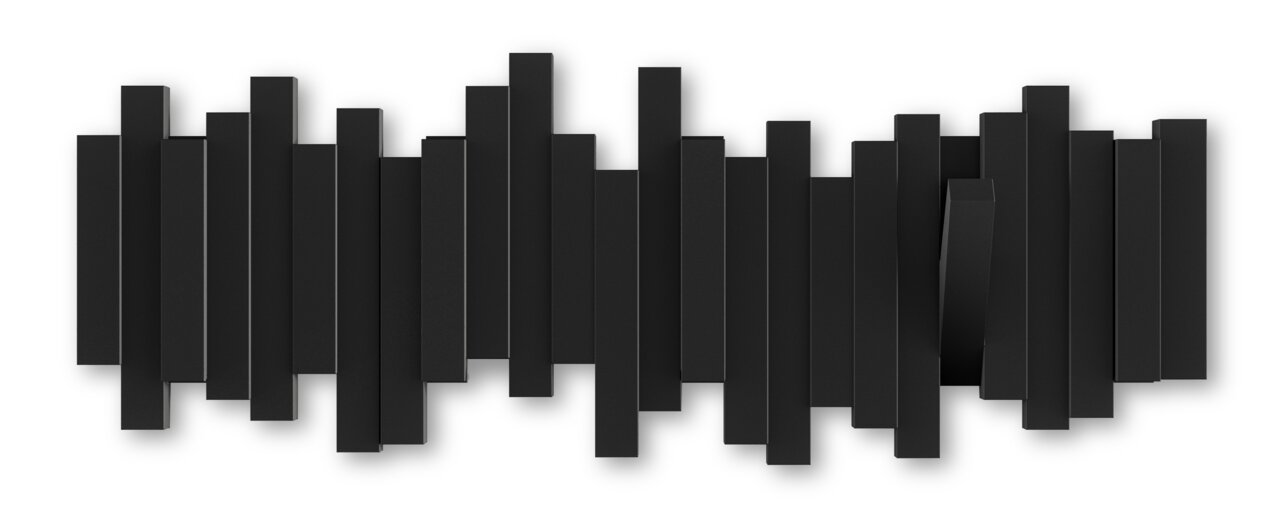 Moderne Wandgarderobe in Schwarz mit geometrischem Design, frontal betrachtet.