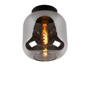 Moderne plafondlamp JOANET met rookgrijs glas en zichtbare lamp, gezien van onderaf.