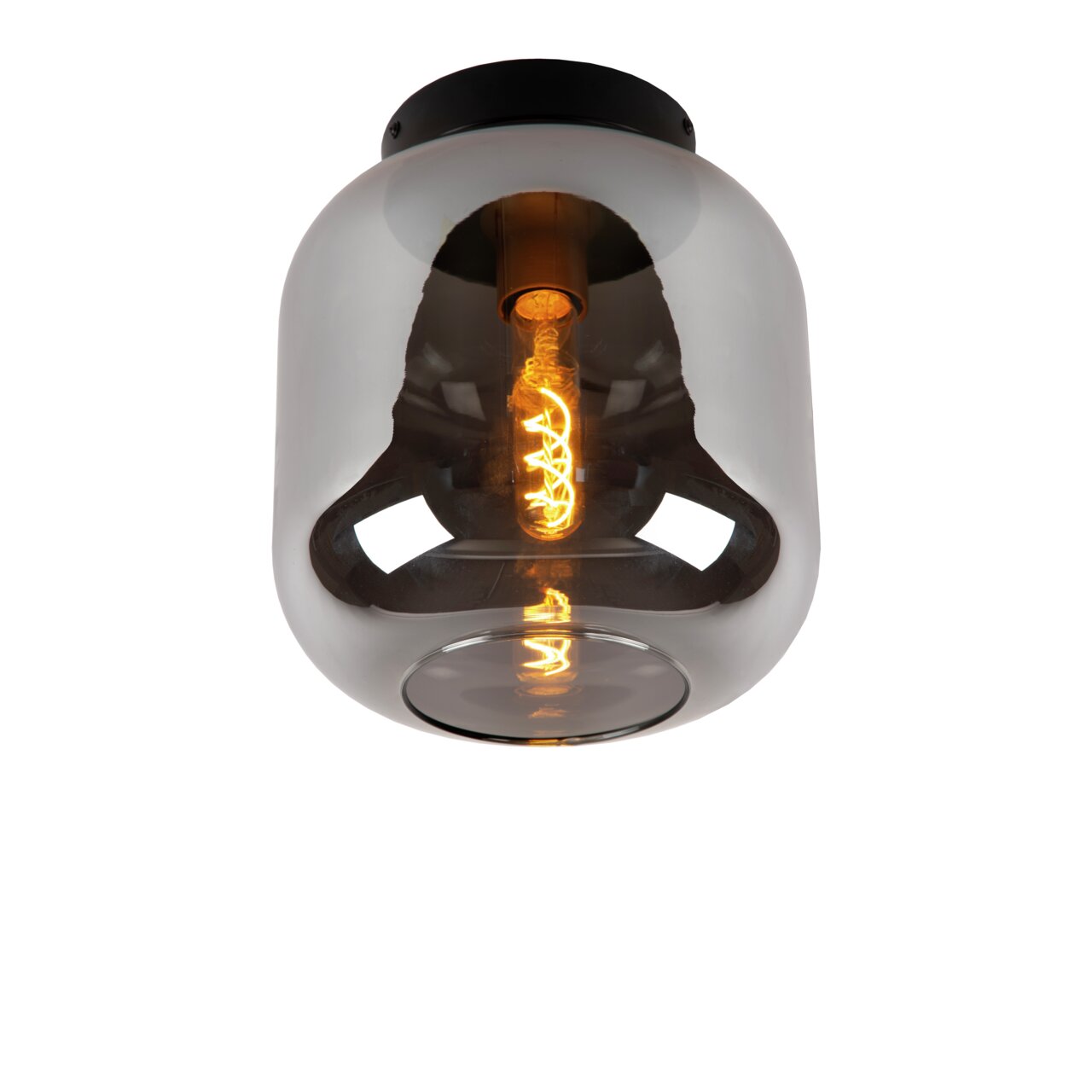 Moderne plafondlamp JOANET met rookgrijs glas en zichtbare lamp, gezien van onderaf.