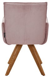 Rückansicht eines Armlehnstuhls mit rosa, geripptem Stoffbezug und Holzbeinen.