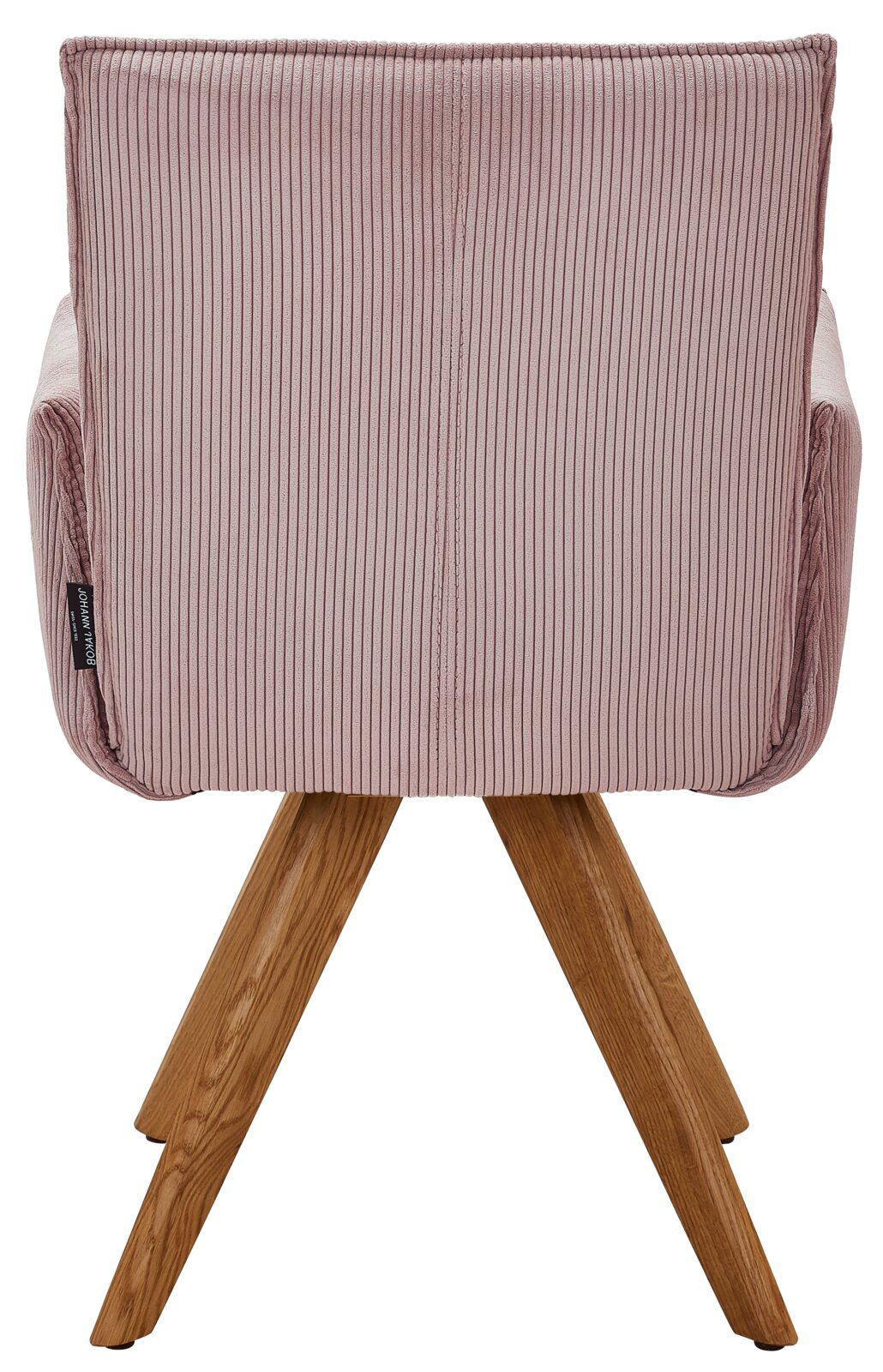 Rückansicht eines Armlehnstuhls mit rosa, geripptem Stoffbezug und Holzbeinen.