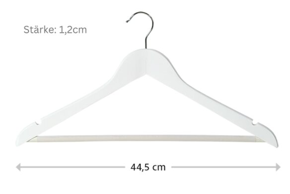 Weißer Kleiderbügel mit Metallhaken und Hosenstange, Frontansicht; Breite 44,5 cm, Stärke 1,2 cm
