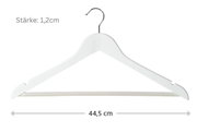 Weißer Kleiderbügel mit Metallhaken und Hosenstange, Frontansicht; Breite 44,5 cm, Stärke 1,2 cm