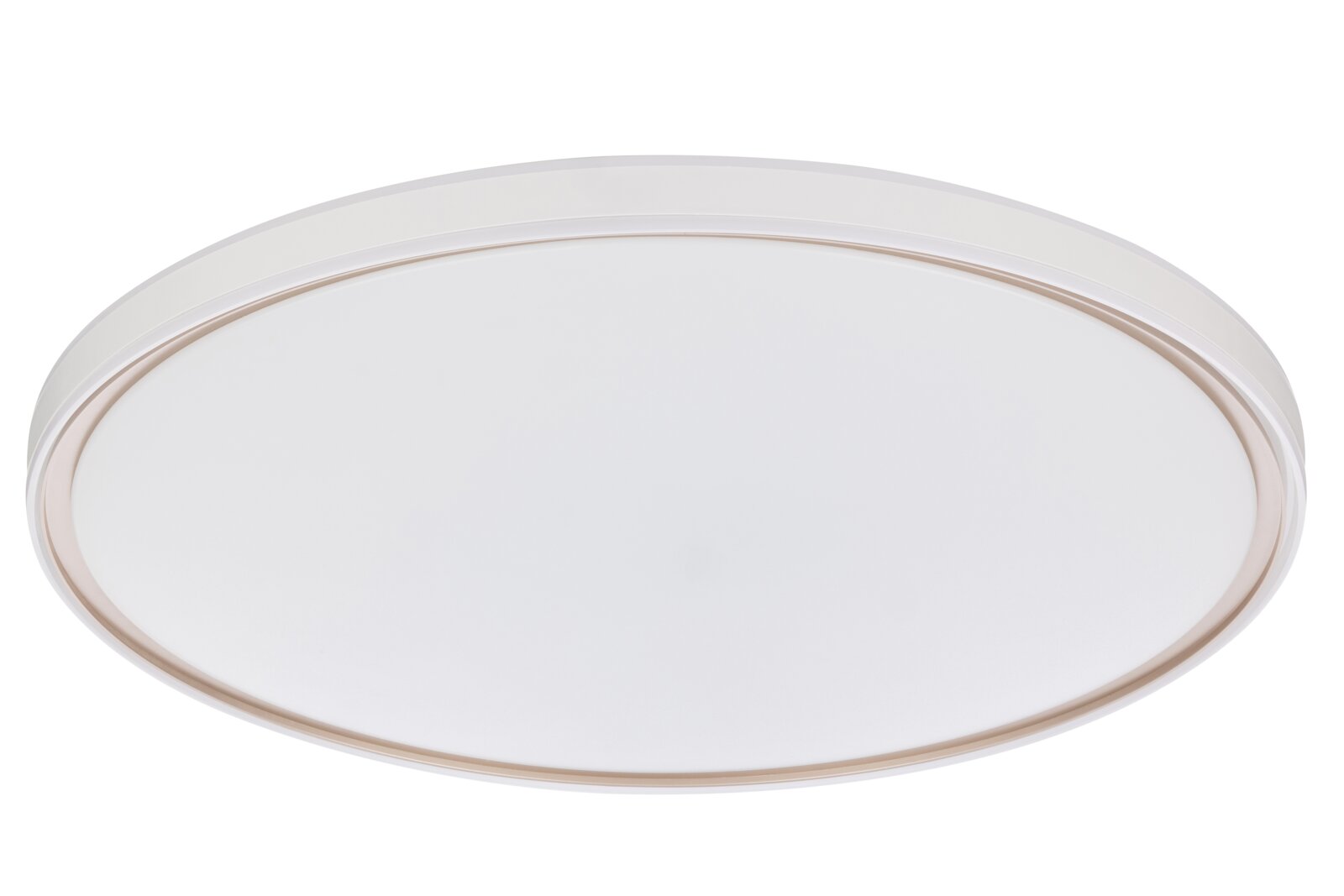 Ronde, platte plafondlamp met matte witte diffuser en transparante rand met subtiele beige ring, weergegeven in licht schuin zijaanzicht van onderen tegen een witte achtergrond