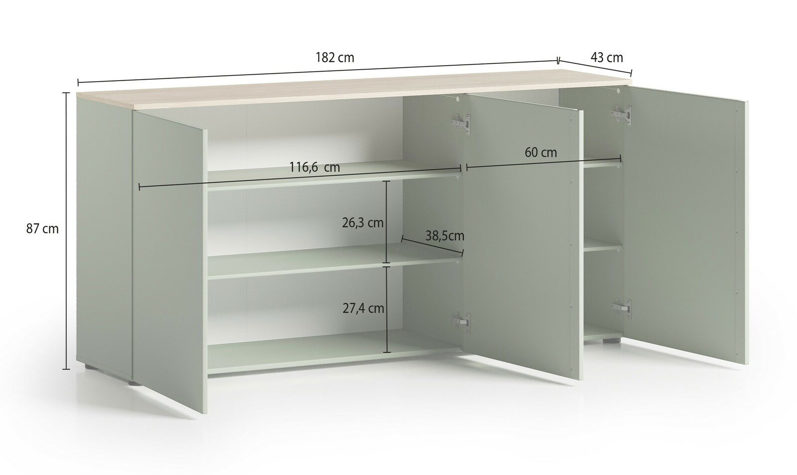 Sideboard mit offenen Türen, zeigt Innenregale und Maße, Perspektive von vorne links