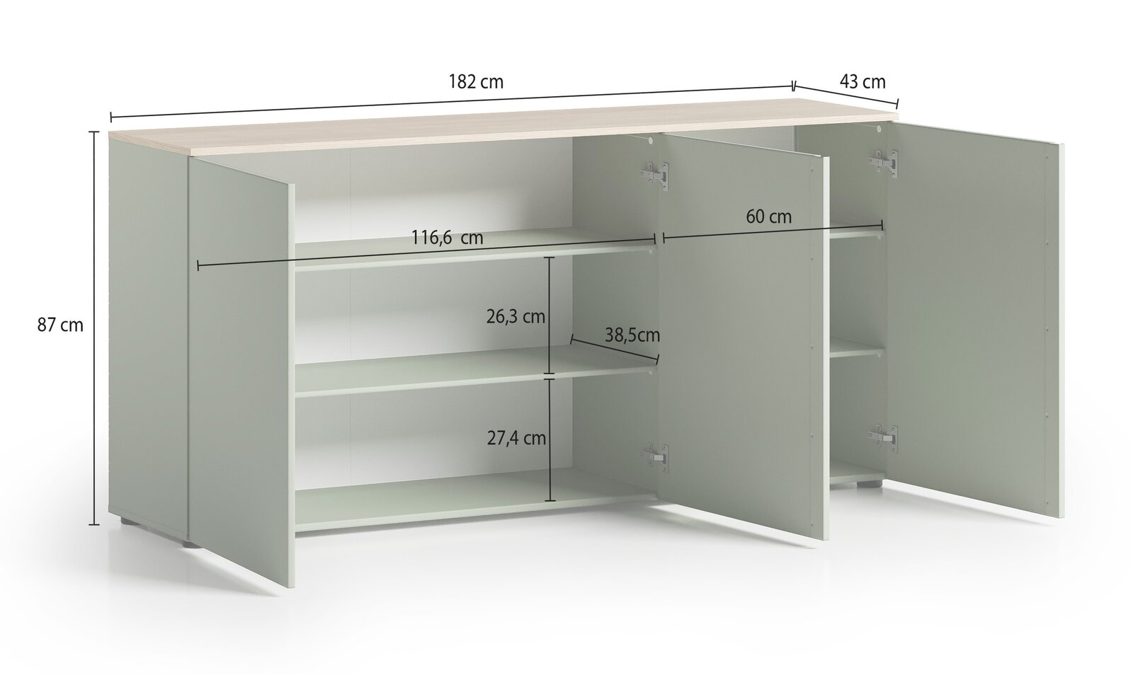 Sideboard mit offenen Türen, zeigt Innenregale und Maße, Perspektive von vorne links