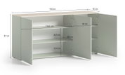 Sideboard mit offenen Türen, zeigt Innenregale und Maße, Perspektive von vorne links