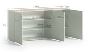 Sideboard mit offenen Türen, zeigt Innenregale und Maße, Perspektive von vorne links