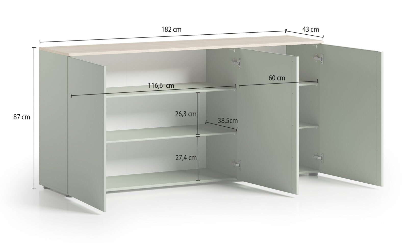 Sideboard mit offenen Türen, zeigt Innenregale und Maße, Perspektive von vorne links