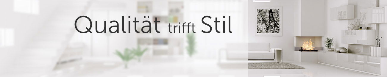 stilvollen, modernen Wohnraum mit dem Schriftzug „Qualität trifft Stil“