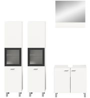 Moderne Badkombination mit zwei hohen weißen Schränken, einem Spiegel und einem Unterschrank, frontal abgebildet.