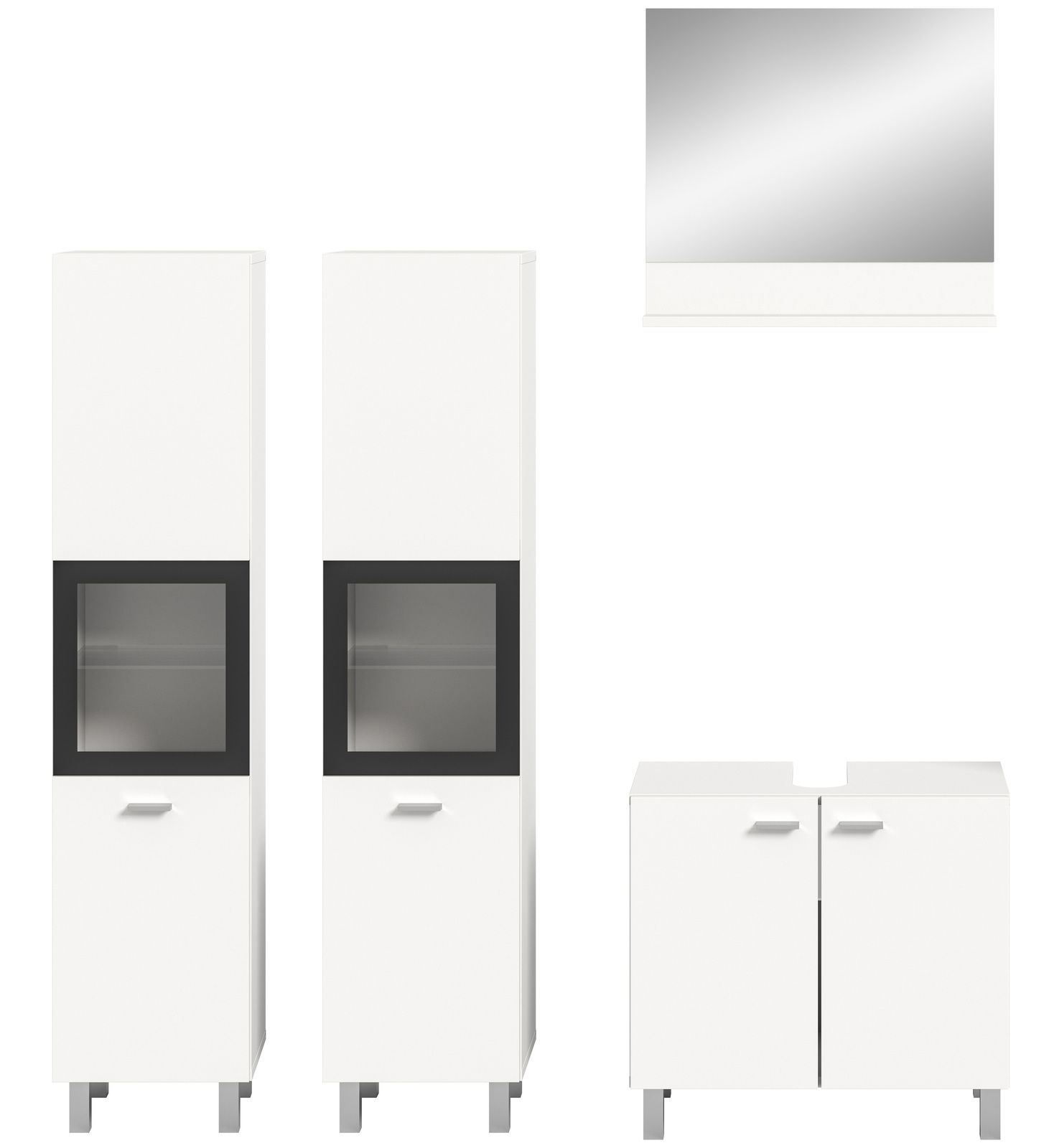 Moderne Badkombination mit zwei hohen weißen Schränken, einem Spiegel und einem Unterschrank, frontal abgebildet.