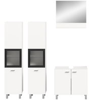 Moderne Badkombination mit zwei hohen weißen Schränken, einem Spiegel und einem Unterschrank, frontal abgebildet.