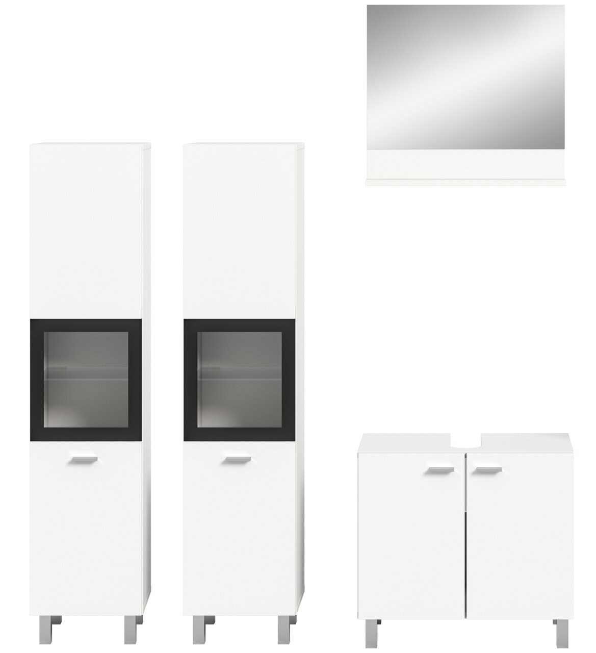 Moderne Badkombination mit zwei hohen weißen Schränken, einem Spiegel und einem Unterschrank, frontal abgebildet.