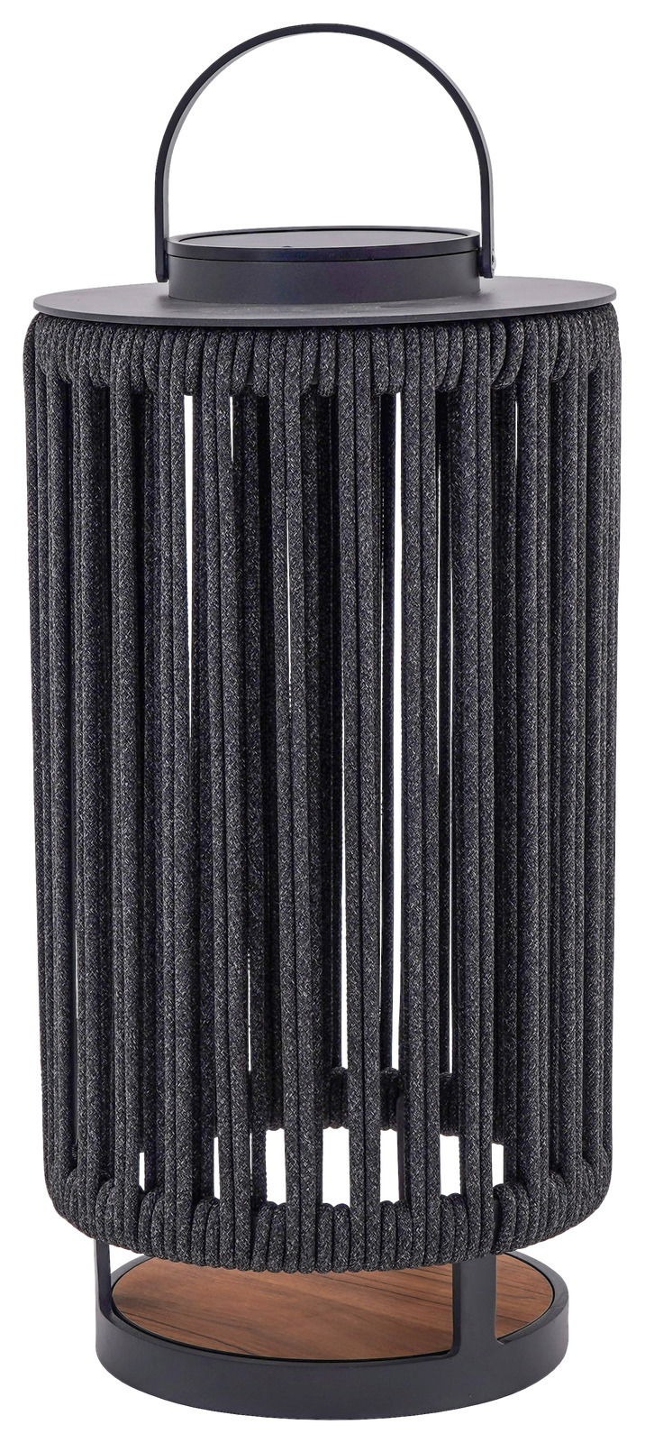 Solarlampe mit schwarzem, geflochtenem Design und Holzsockel, seitliche Perspektive