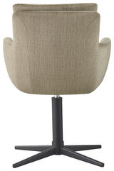 Rückansicht eines Armlehnstuhls mit grünem Stoffbezug und schwarzem Metallfuß, Perspektive von hinten