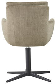 Rückansicht eines Armlehnstuhls mit grünem Stoffbezug und schwarzem Metallfuß, Perspektive von hinten