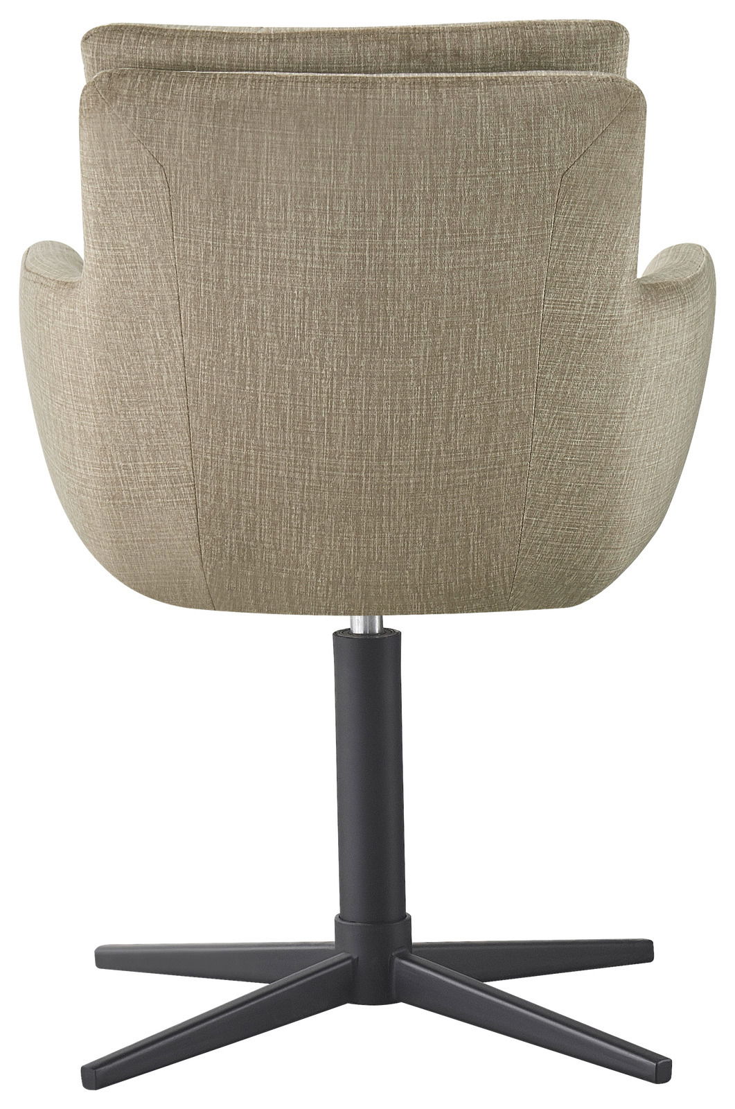 Rückansicht eines Armlehnstuhls mit grünem Stoffbezug und schwarzem Metallfuß, Perspektive von hinten