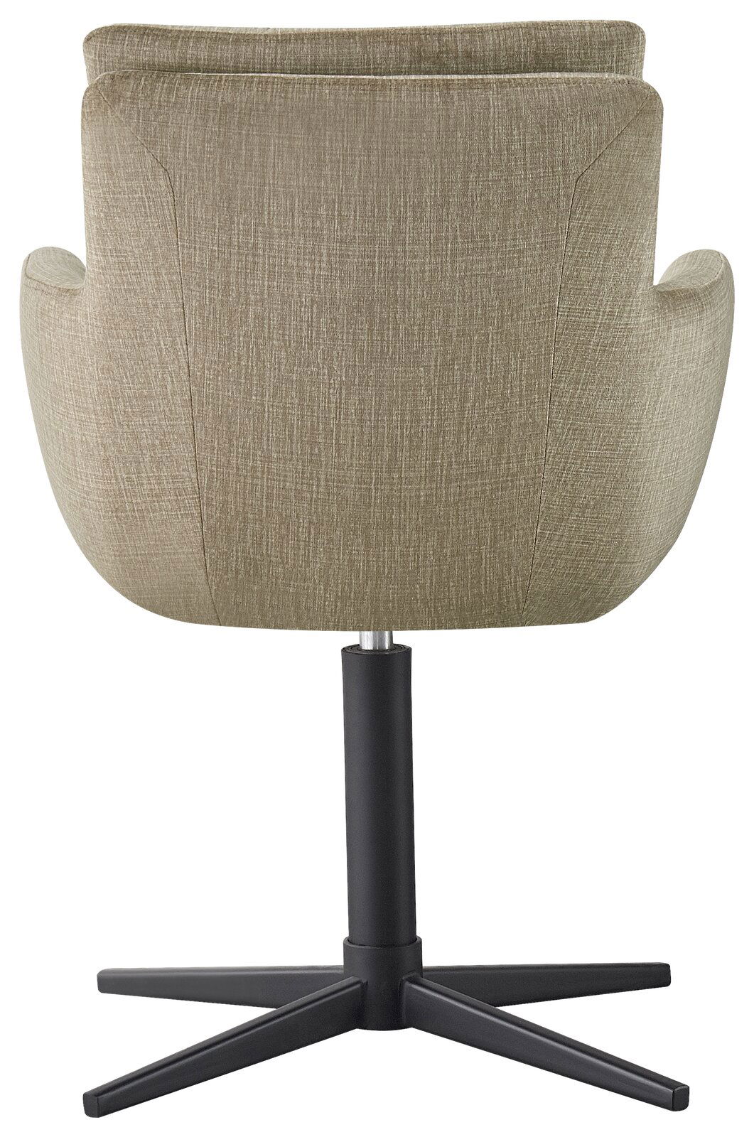 Rückansicht eines Armlehnstuhls mit grünem Stoffbezug und schwarzem Metallfuß, Perspektive von hinten