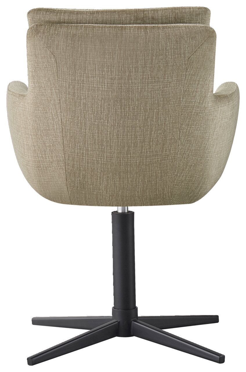 Rückansicht eines Armlehnstuhls mit grünem Stoffbezug und schwarzem Metallfuß, Perspektive von hinten