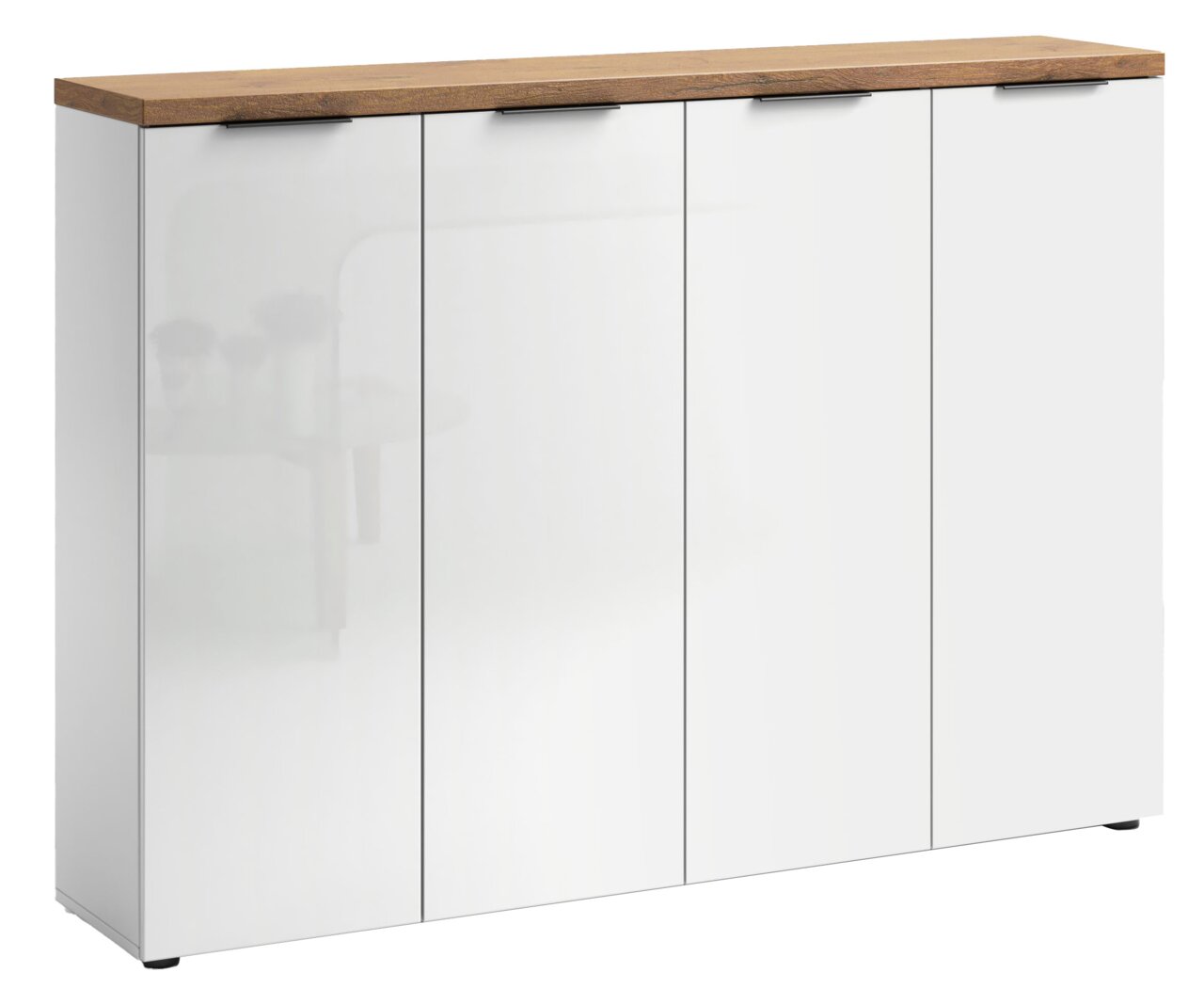 XORA XXL-schoenenkast IDEA Moderner XXL-Schuhschrank mit vier weißen Türen und einer Holzoberfläche, Frontalansicht