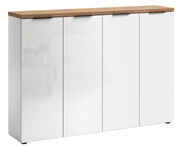 Moderner XXL-Schuhschrank mit vier weißen Türen und einer Holzoberfläche, Frontalansicht