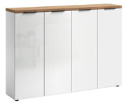 Moderner XXL-Schuhschrank mit vier weißen Türen und einer Holzoberfläche, Frontalansicht