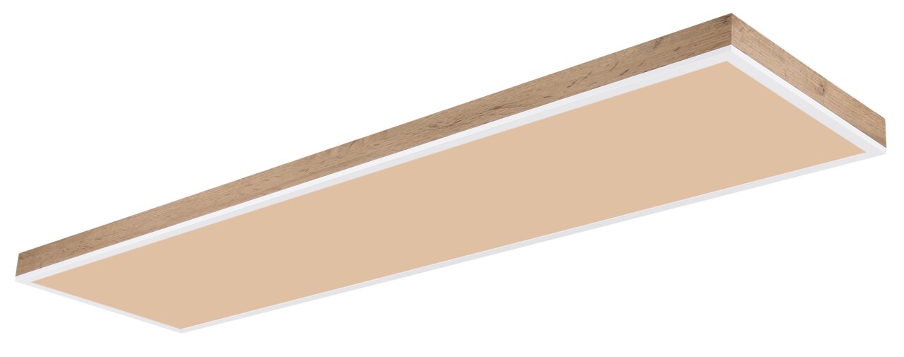 Rechteckige Deckenleuchte mit Holzrahmen, seitliche Perspektive