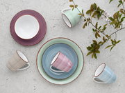 Vogelperspektive auf ein 16-teiliges Kombiservice-Set mit bunten Tellern und Tassen in verschiedenen Farben, dekoriert mit einem Zweig.