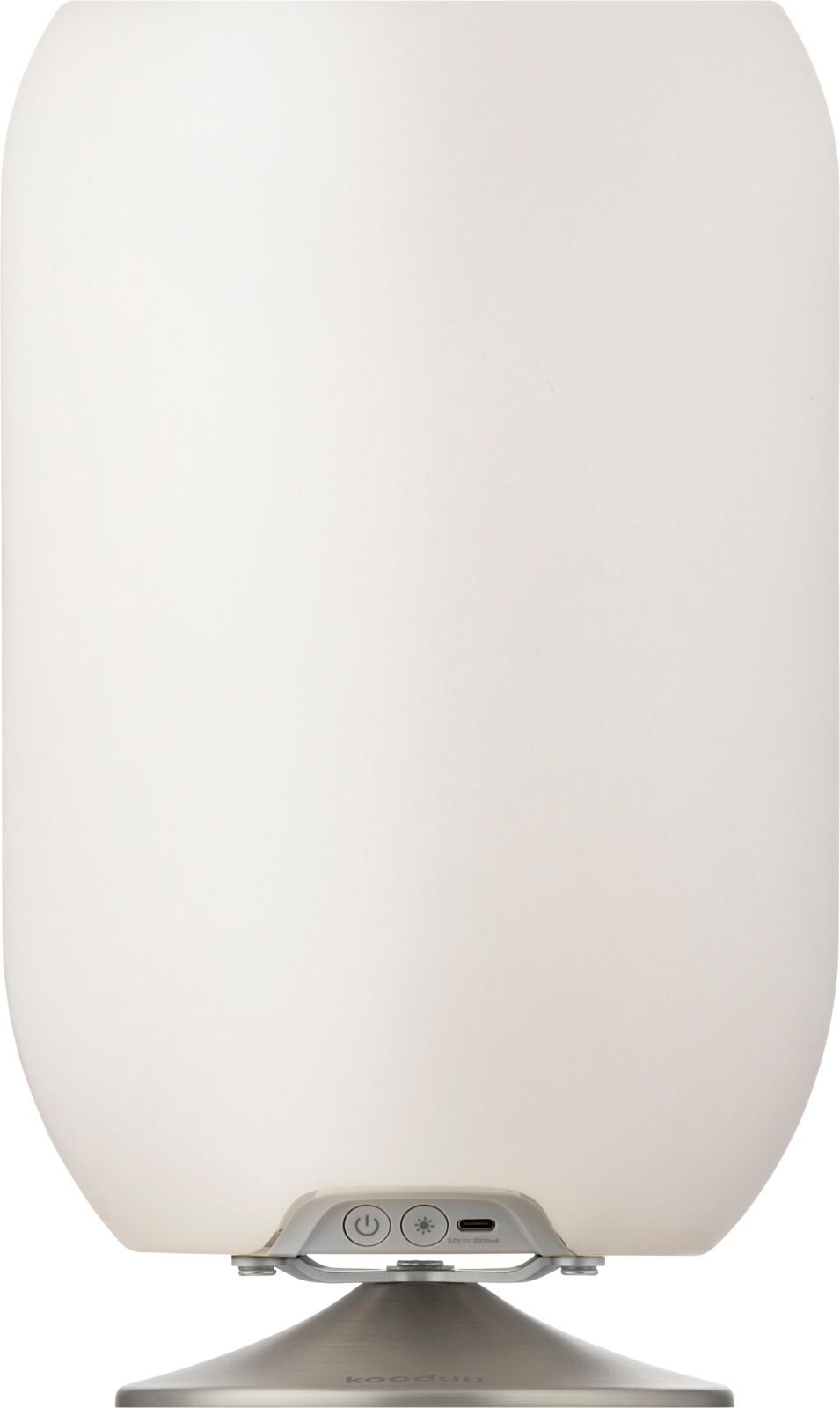 Atmos Brushed Silver Lampe, Vorderansicht mit Bedienelementen und USB-Anschluss