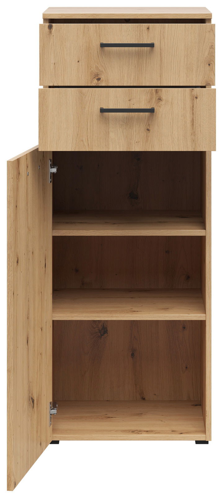 Holzkommode mit zwei Schubladen und einer offenen Tür, die den Innenraum mit zwei Regalböden zeigt, aus frontaler Perspektive.