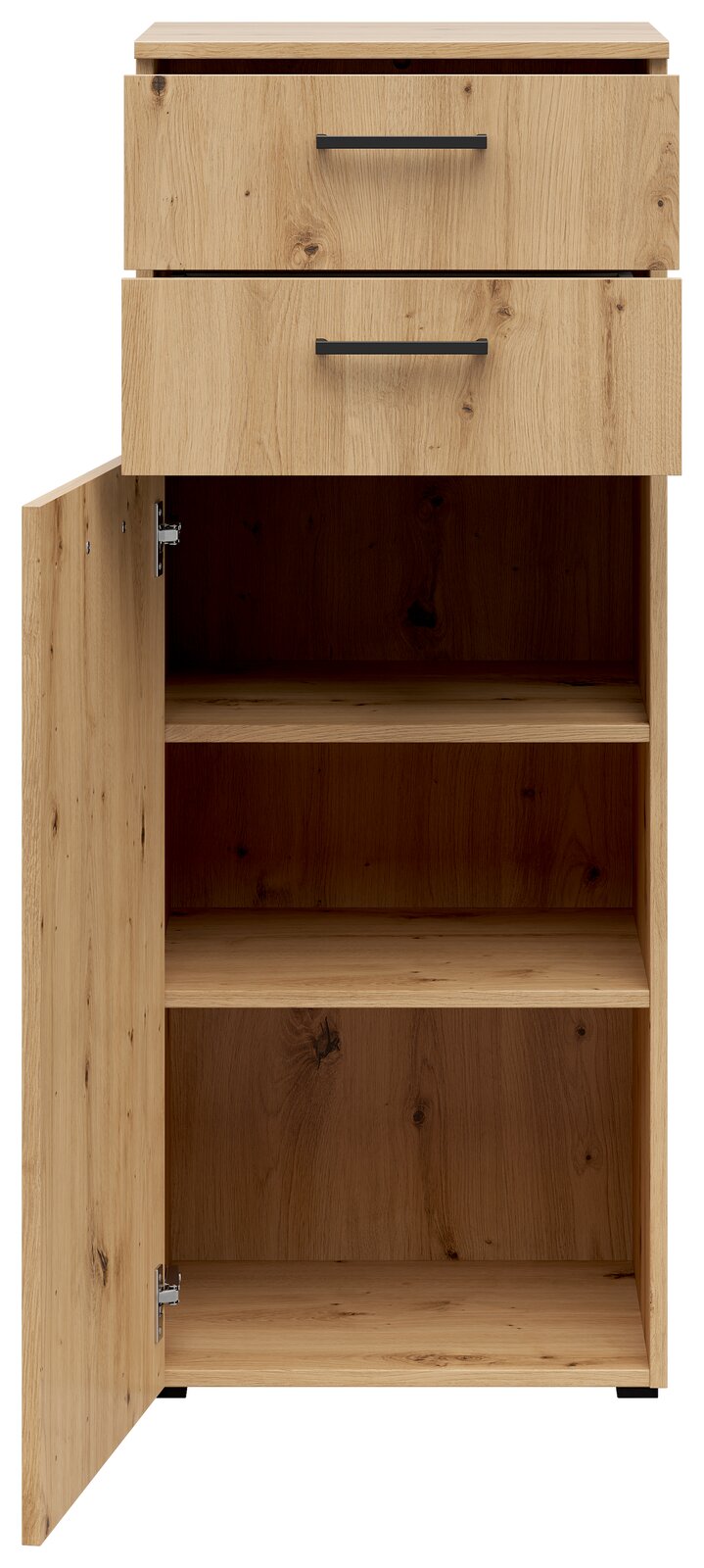 Holzkommode mit zwei Schubladen und einer offenen Tür, die den Innenraum mit zwei Regalböden zeigt, aus frontaler Perspektive.