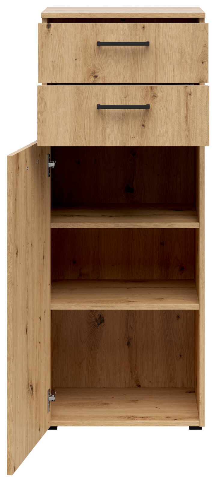 Holzkommode mit zwei Schubladen und einer offenen Tür, die den Innenraum mit zwei Regalböden zeigt, aus frontaler Perspektive.