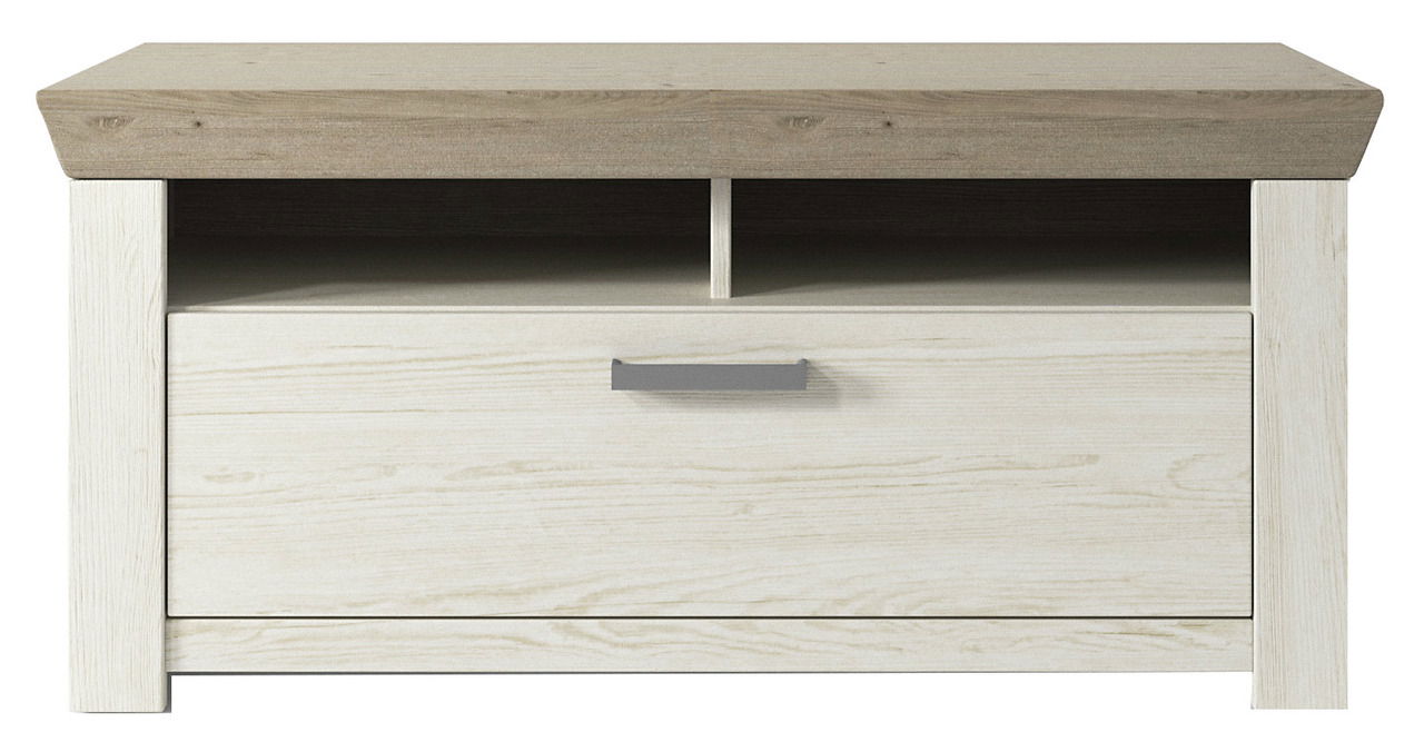 Frontale Ansicht einer modernen Bank mit Holzoptik, zwei offenen Fächern und einer Schublade mit Griff.