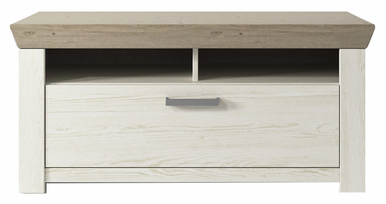 Frontale Ansicht einer modernen Bank mit Holzoptik, zwei offenen Fächern und einer Schublade mit Griff.