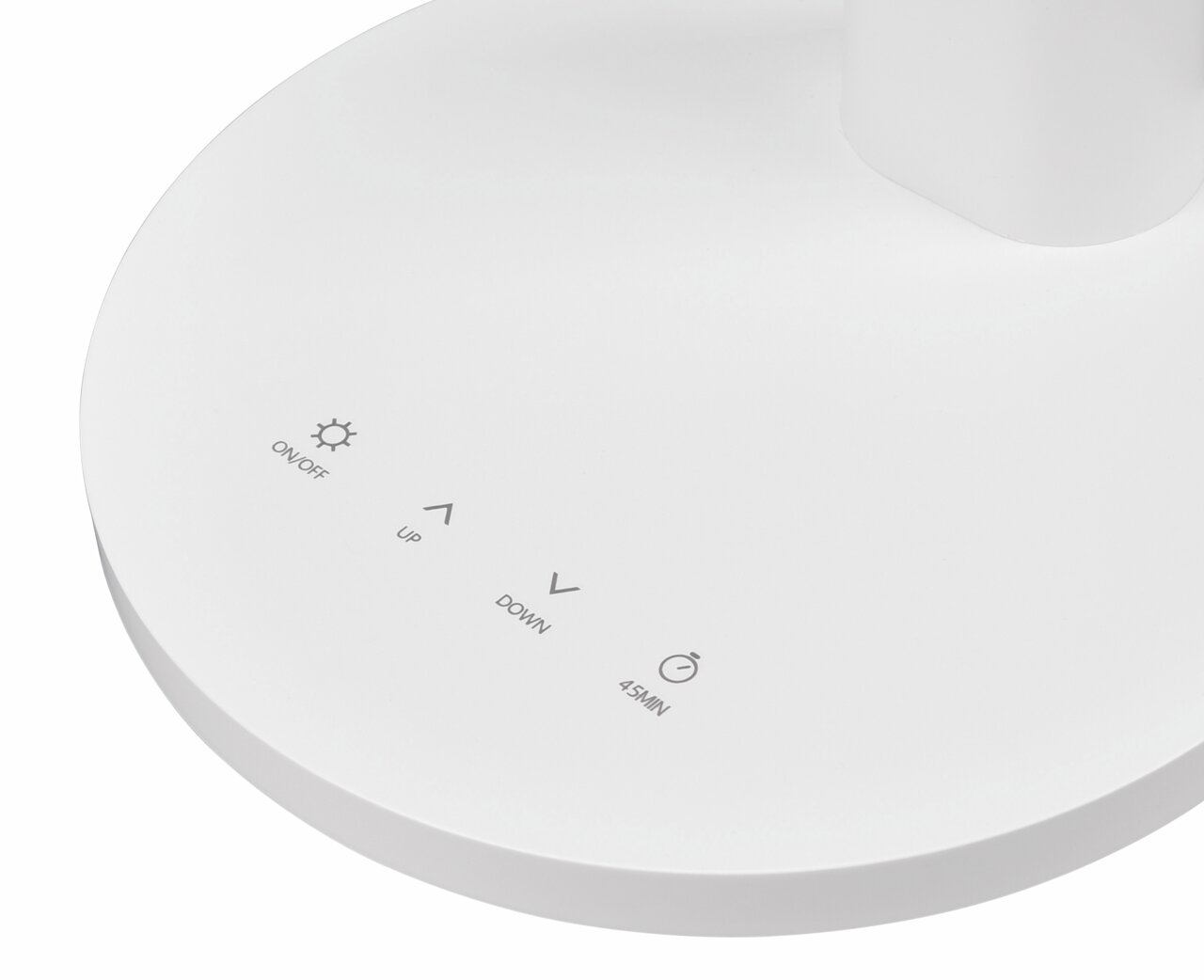 Nahaufnahme der weißen Tischleuchte Sally mit Touch-Bedienfeld und Symbolen für Ein/Aus, Helligkeit und Timer.