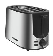 Silberner Toaster mit zwei Schlitzen, seitlicher Ansicht, mit Bedienelementen und Drehknopf an der Vorderseite.