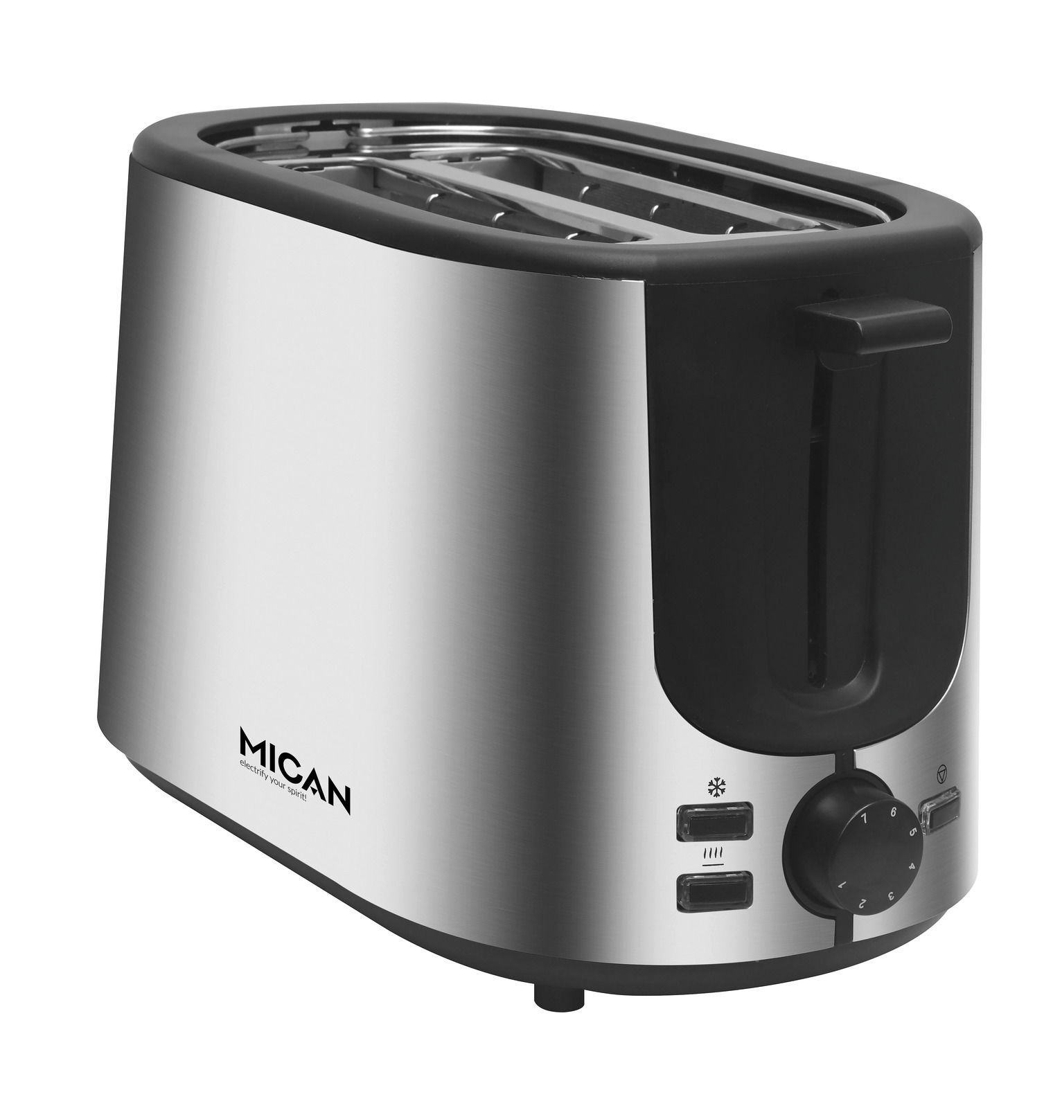 Silberner Toaster mit zwei Schlitzen, seitlicher Ansicht, mit Bedienelementen und Drehknopf an der Vorderseite.