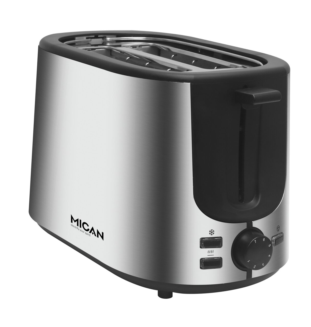 Silberner Toaster mit zwei Schlitzen, seitlicher Ansicht, mit Bedienelementen und Drehknopf an der Vorderseite.
