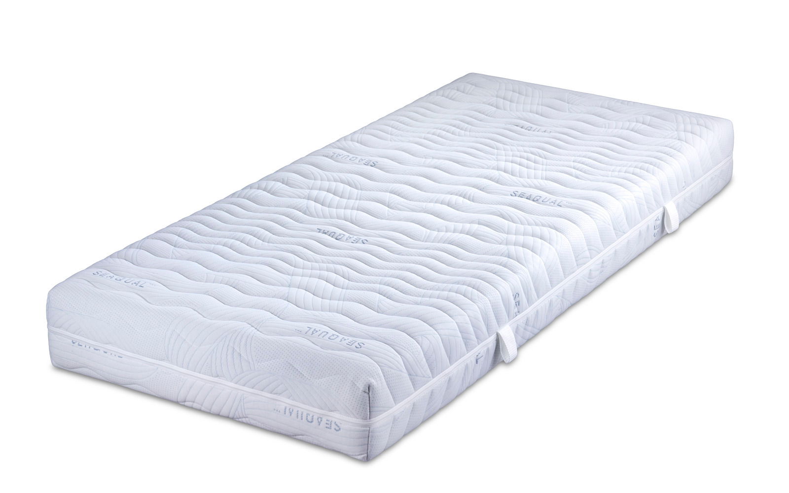 Kaltschaummatratze 90 x 200 cm in schräger Perspektive, weiße Oberfläche mit wellenförmigem Muster