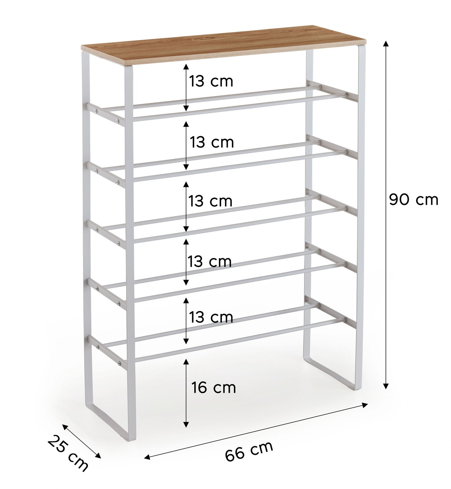 Schmales Schuhregal mit weißem Metallrahmen und Holzablage oben, 5 Ebenen, Maße ca. 66×25×90 cm, Abstände 13 cm, Ansicht schräg von vorne.
