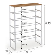 Schmales Schuhregal mit weißem Metallrahmen und Holzablage oben, 5 Ebenen, Maße ca. 66×25×90 cm, Abstände 13 cm, Ansicht schräg von vorne.