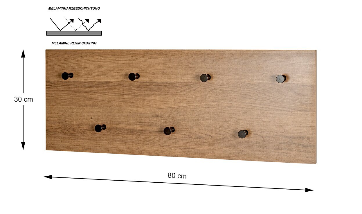 Wandgarderobe/Schlüsselbrett aus Holzdekor mit Melaminharzbeschichtung, 80 x 30 cm, mit 7 schwarzen Haken, frontale Ansicht (gerade von vorn)