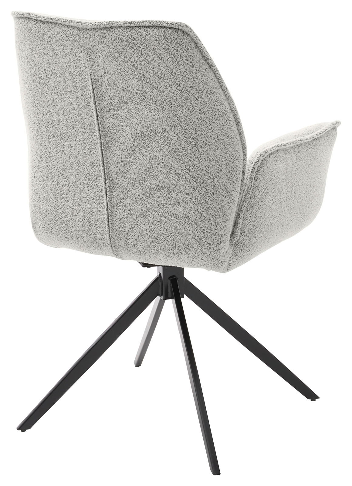 Rückansicht eines modernen Armlehnstuhls mit grauem Stoffbezug und schwarzem Metallgestell.