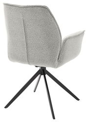 Rückansicht eines modernen Armlehnstuhls mit grauem Stoffbezug und schwarzem Metallgestell.