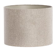 Zylindrischer Lampenschirm aus beigem Stoff, seitliche Perspektive
