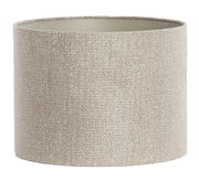 Zylindrischer Lampenschirm aus beigem Stoff, seitliche Perspektive