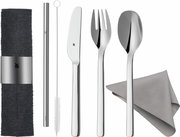 Besteck-Set My2Go bestehend aus Messer, Gabel, Löffel, Trinkhalm, Reinigungsbürste, Serviette und Filztasche, aus der Vogelperspektive.